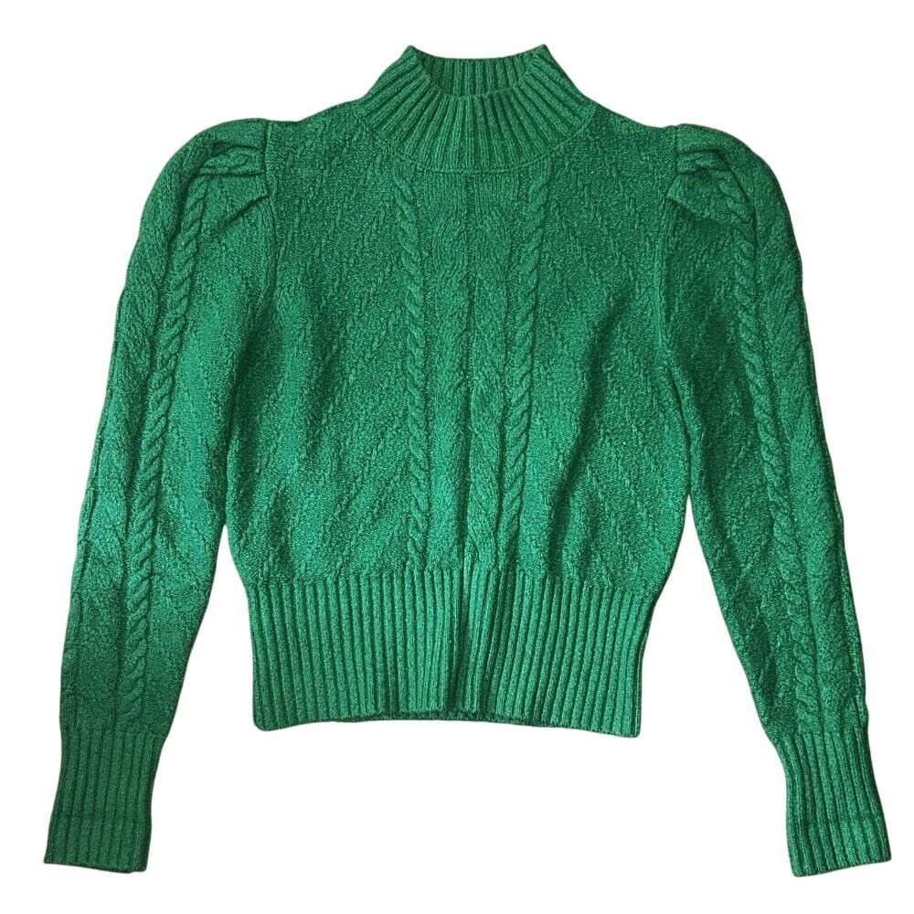 LOFT Mock Neck Puff Shoulder Cable Knit Green Sweater Small